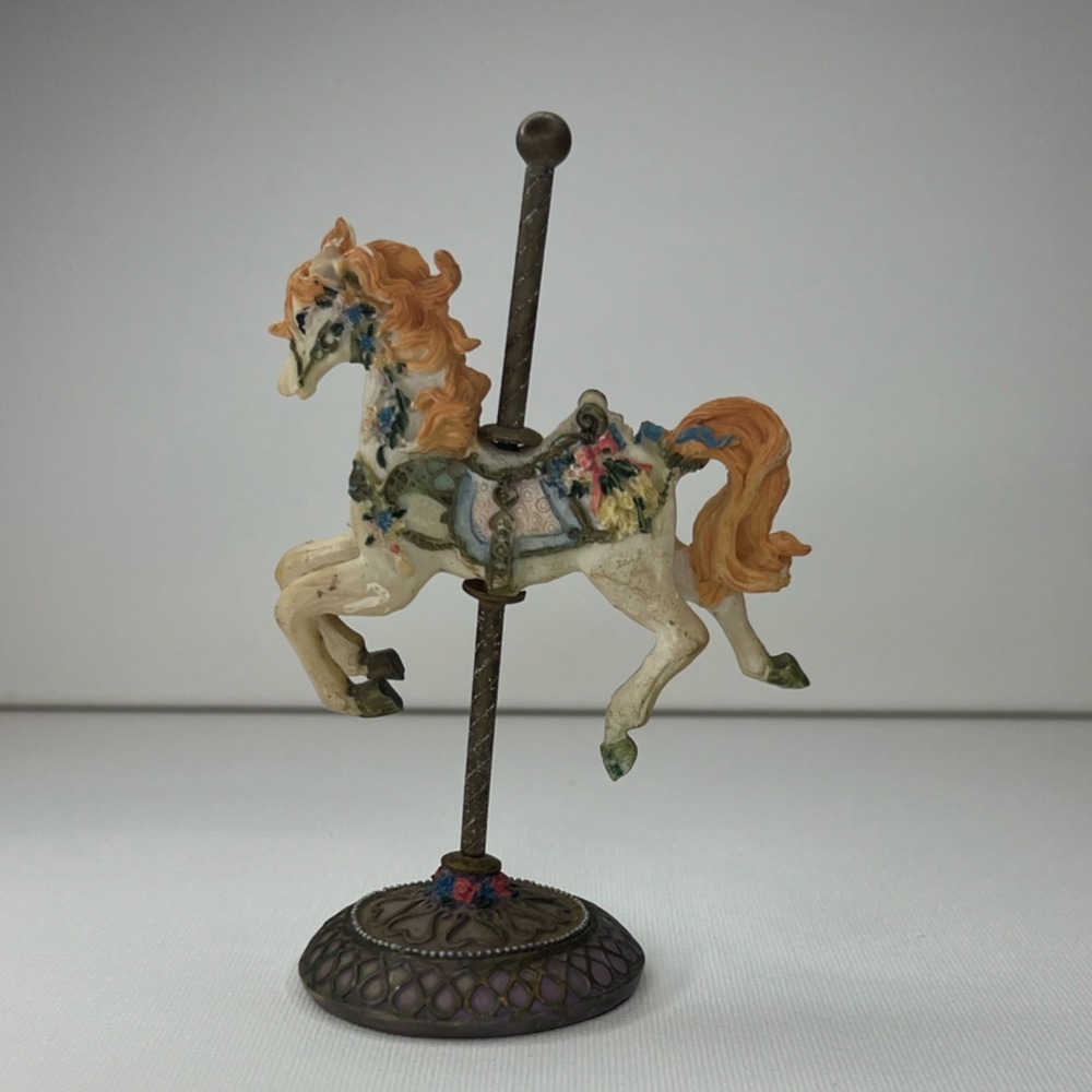 Mini Carousel Horse Figurine on Metal Stand/Base, Approx 5 in Tall vintage.